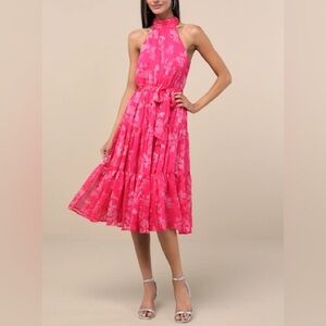 NWT Lulu's Vibrant Pink Floral Midi Dress